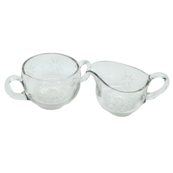 Vintage Mid Century Modern ATOMIC STARBURST Clear Cut Glass Cream & Sugar Set - Picture 2 of 3